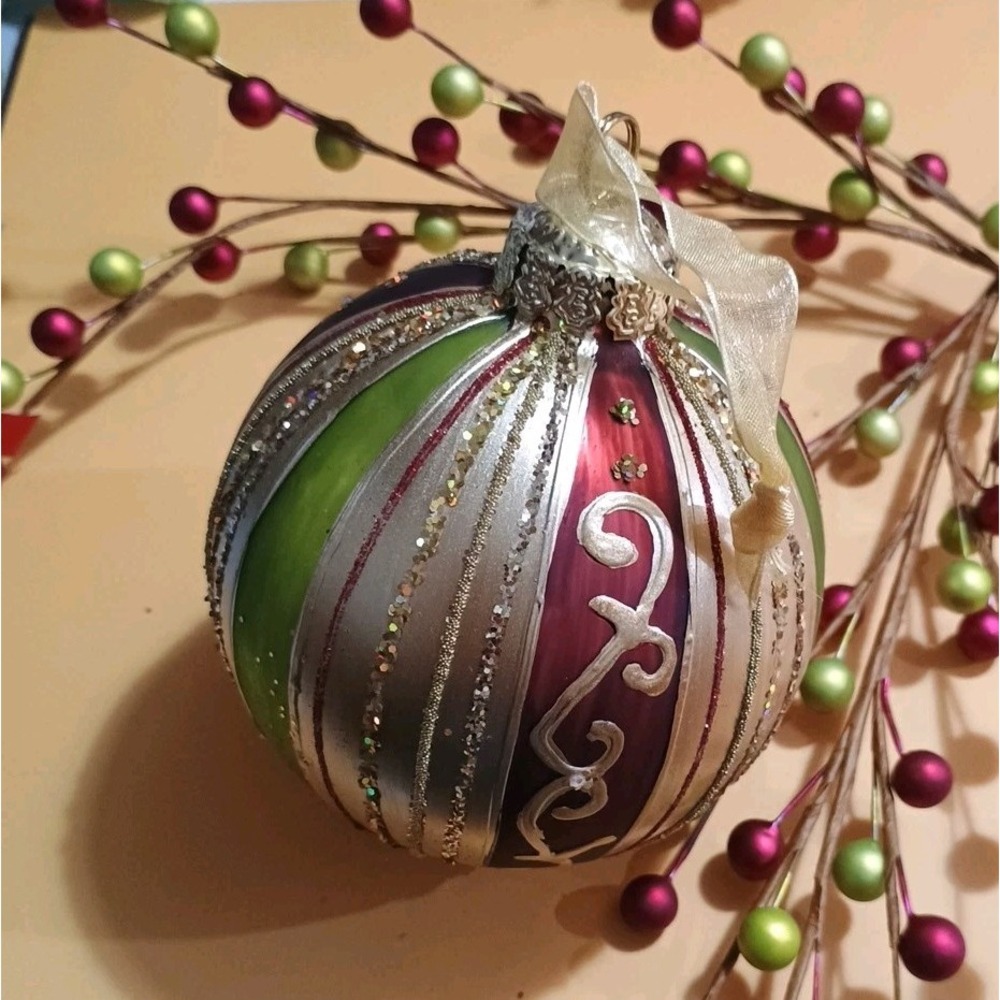 Frontgate Plaid Red,Gold,Green Round Glass‎ Christmas Ornament Glittery